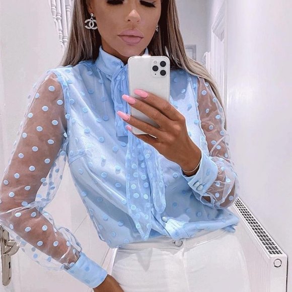 Tops - Polka Dot High Neck Long Sleeve Pussy Bow Blouse